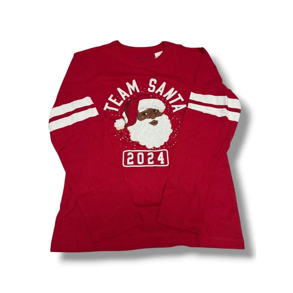 The Childrens Place Kids Red Team Santa 2024 Black Santa Long Sleeve Tee‎ S 5/6